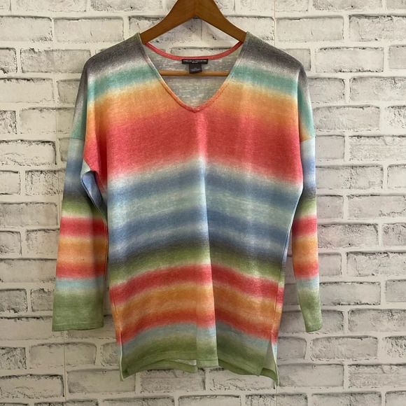 Women’s Chelsea & Theodore v-neck rainbow colored lightweight sweater, PM - Picture 1 of 4